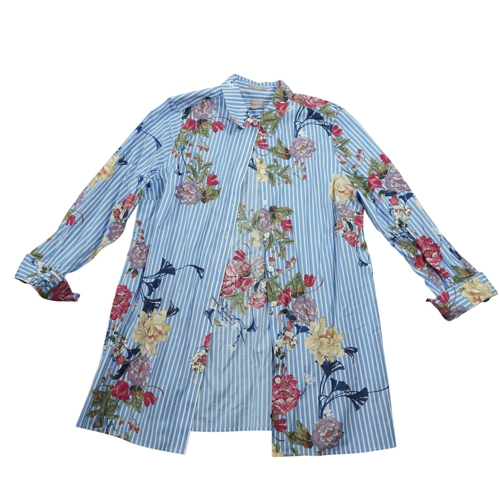 Chico's Size 1 Med 8-10 No Iron Blue Floral Stripe Button Down Shirt Coastal